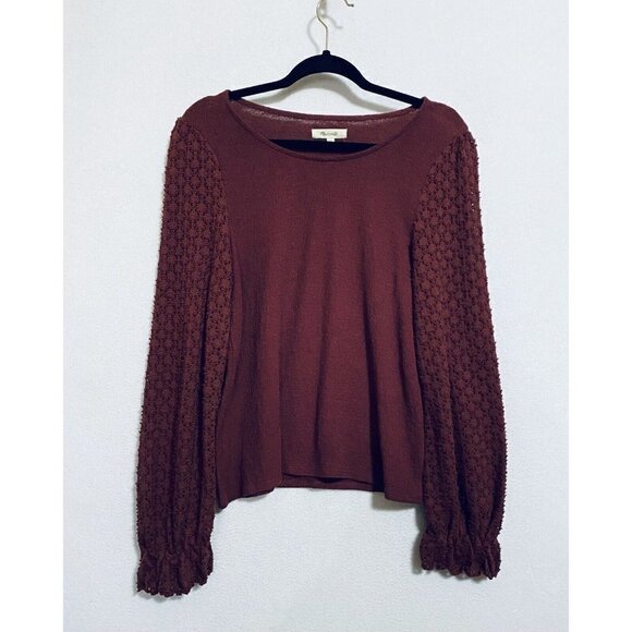 Madewell Top Womens Small Eyelet Sleeve Scoop Neck Dark Red Cotton Stretch Boho - Picture 2 of 9
